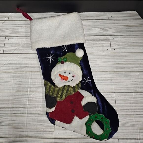 Christmas Holiday Vintage Stocking Sock Snowman In Beanie & Wreath Hanging Decor - Picture 2 of 8